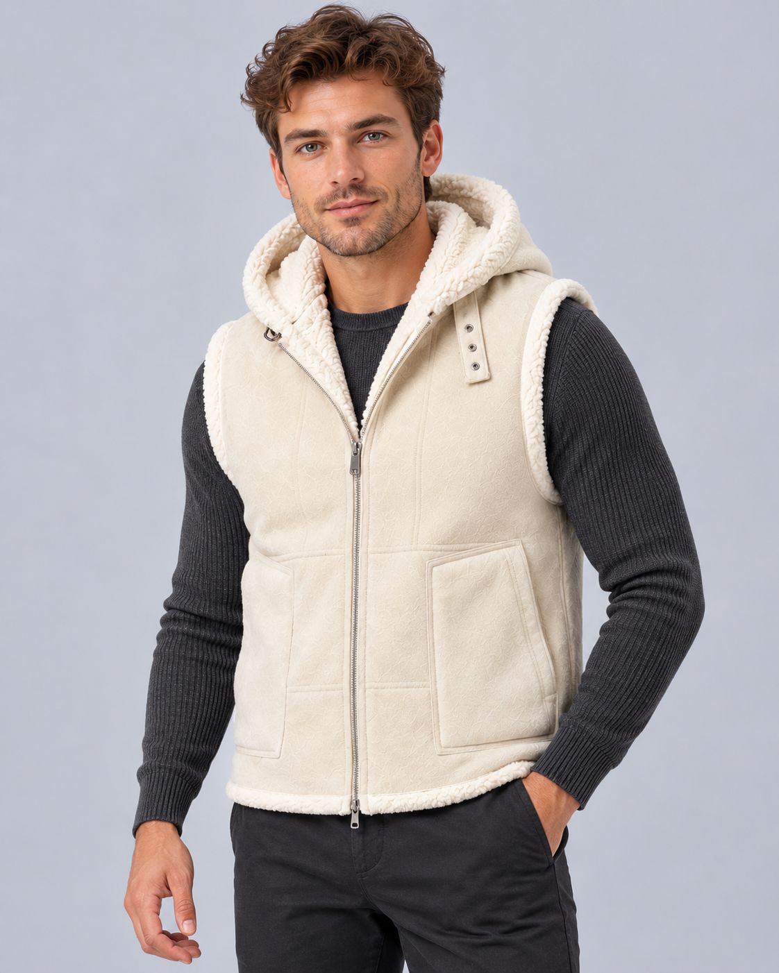 Men's Body Warmer in Faux Leather – Hooded Gilet with Faux Fur-Lined Hood, Full Zip