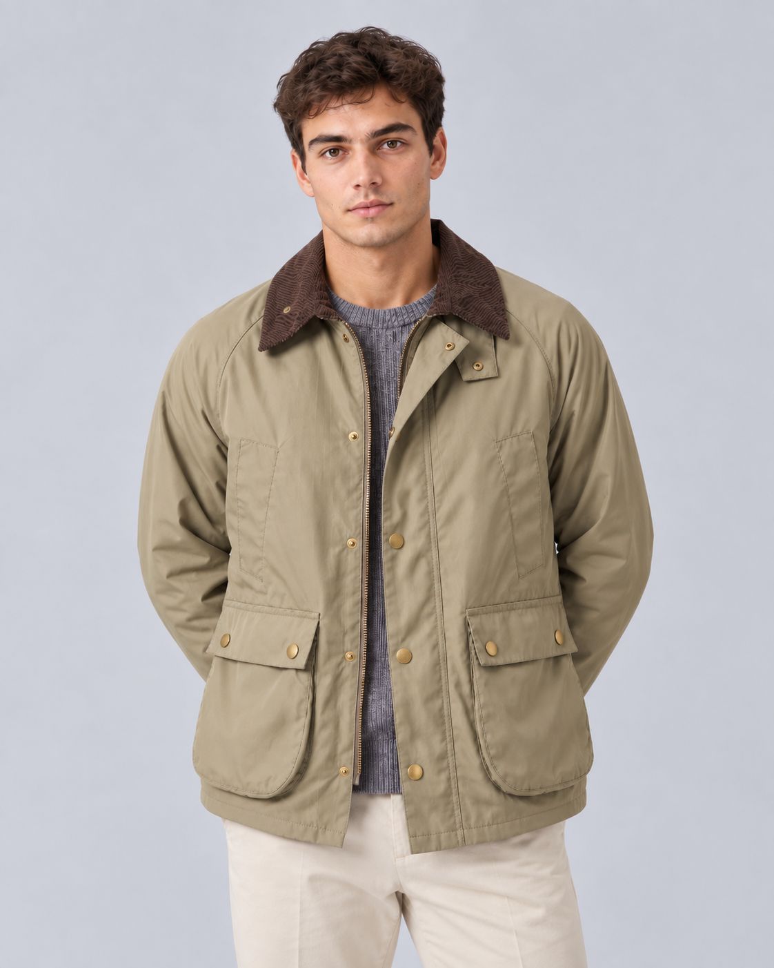 Men's Barn Jacket in Polyester – Contrast Collar, Front Zip, Relaxed Fit