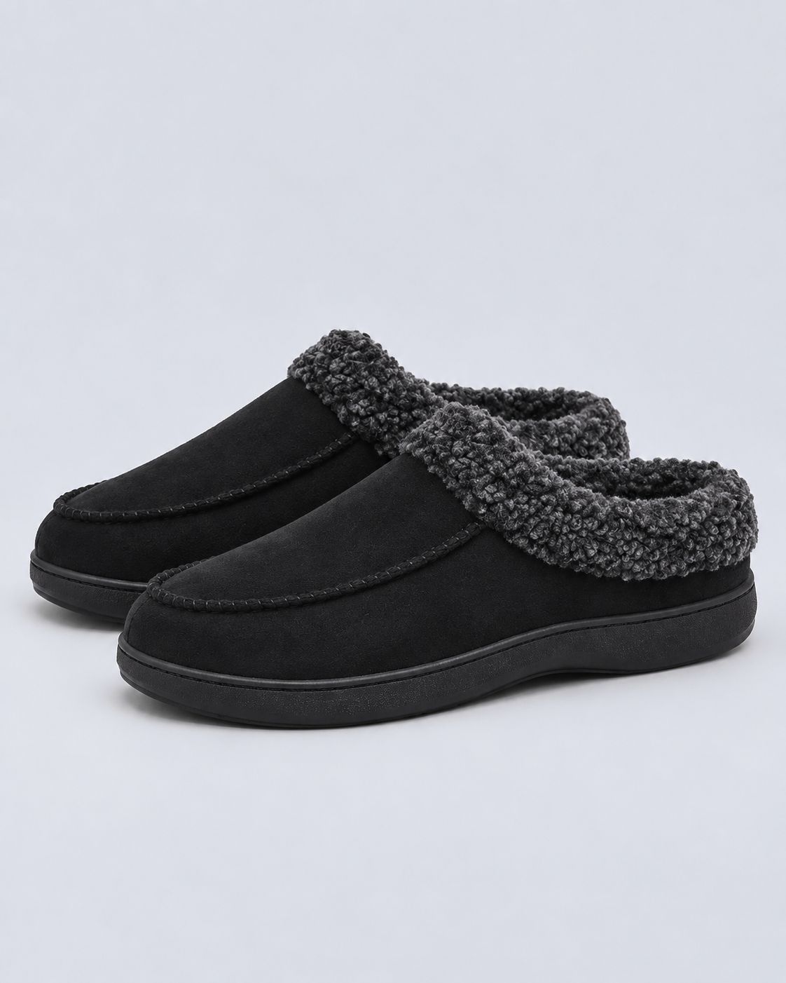 Men's Suede Slippers – Fleece-Lined, Backless Slip-On with TPR Sole