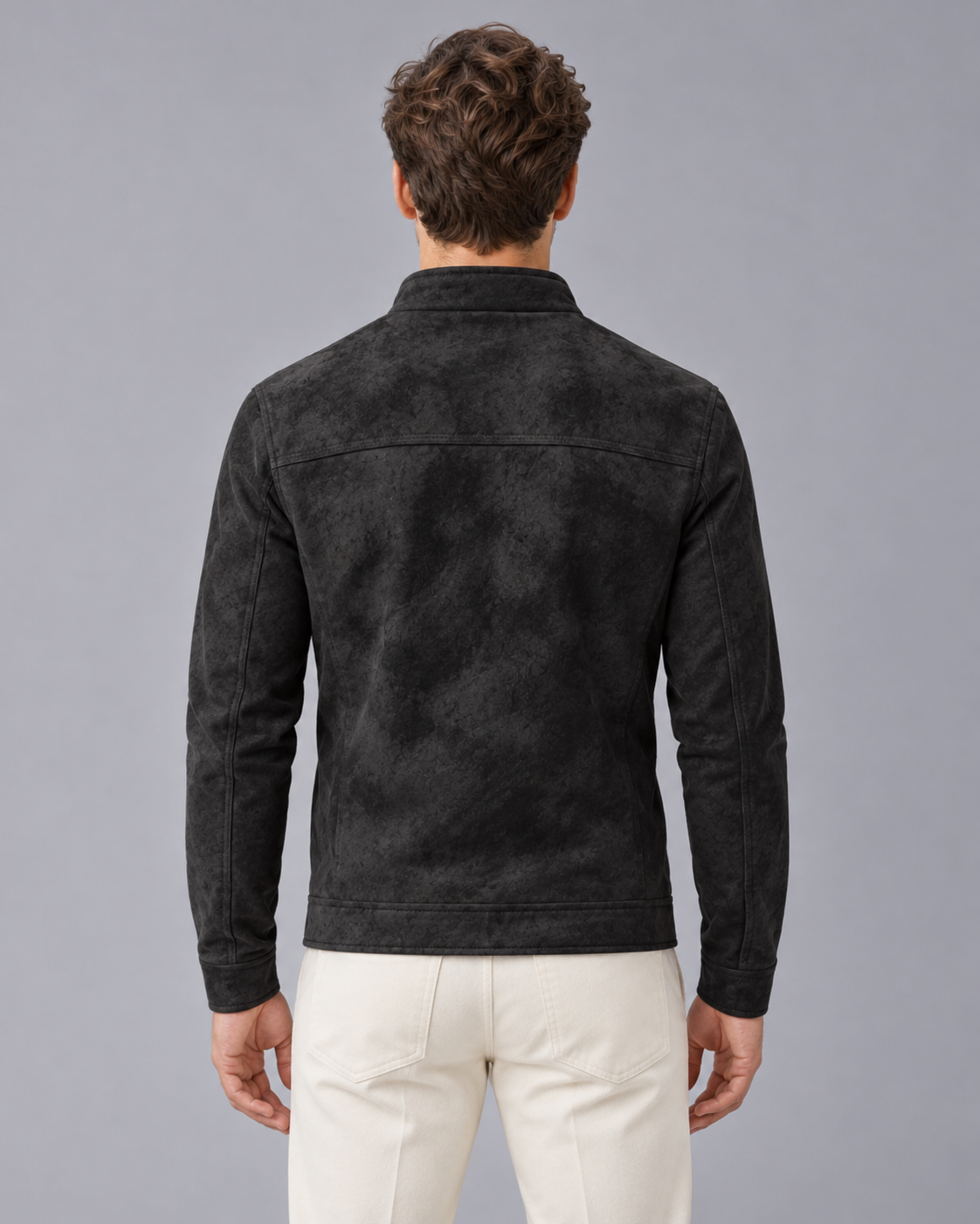 Men's Faux Leather Jacket with Zip Front and Stand Collar