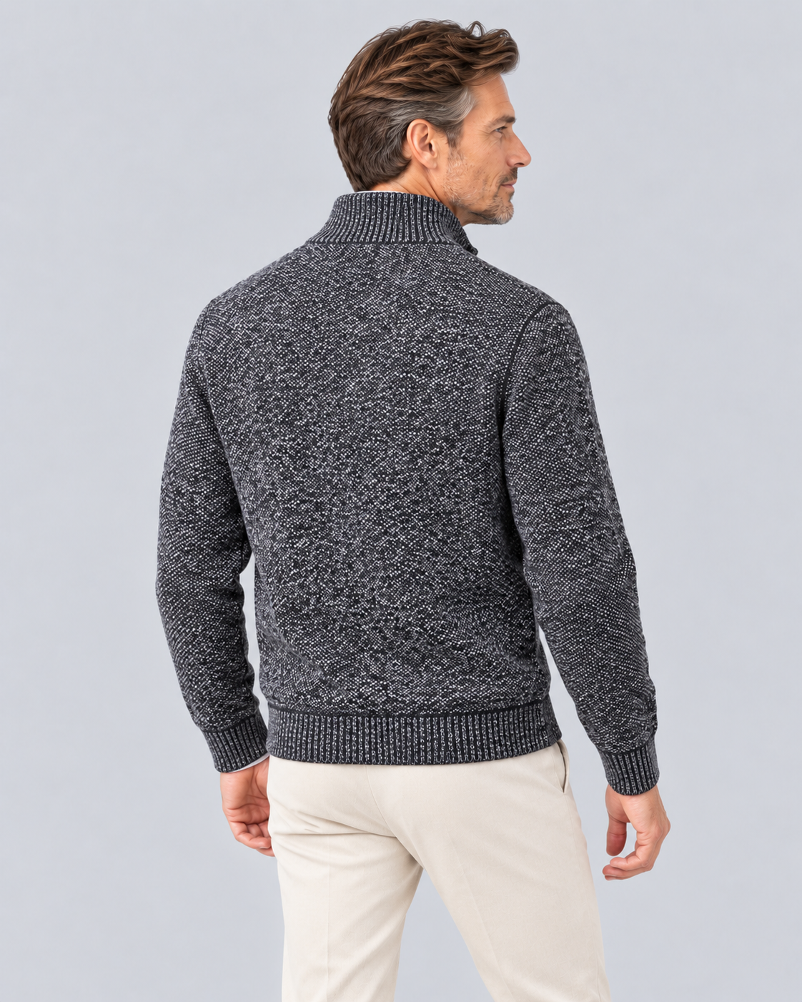 Men's Quarter Zip Jumper in Textured Polyester Knit – Zip Stand Collar, Ribbed Cuffs