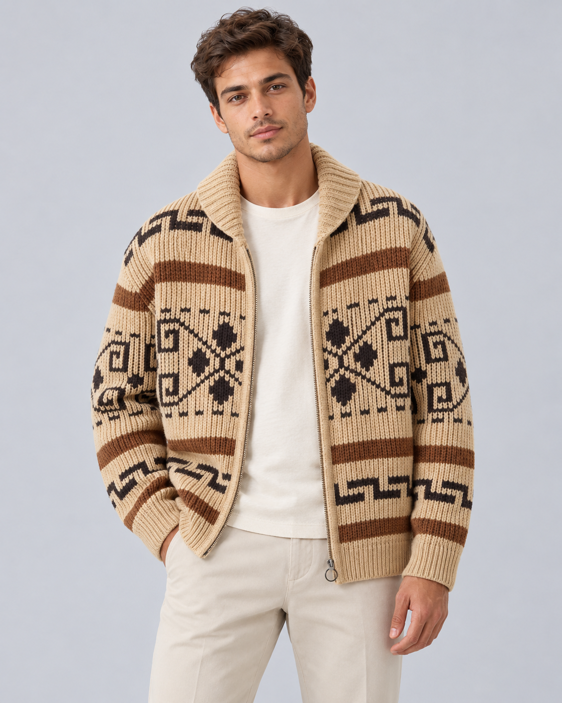 Men's Jacquard Zip Cardigan in Acrylic Knit – Shawl Collar, Geometric Pattern