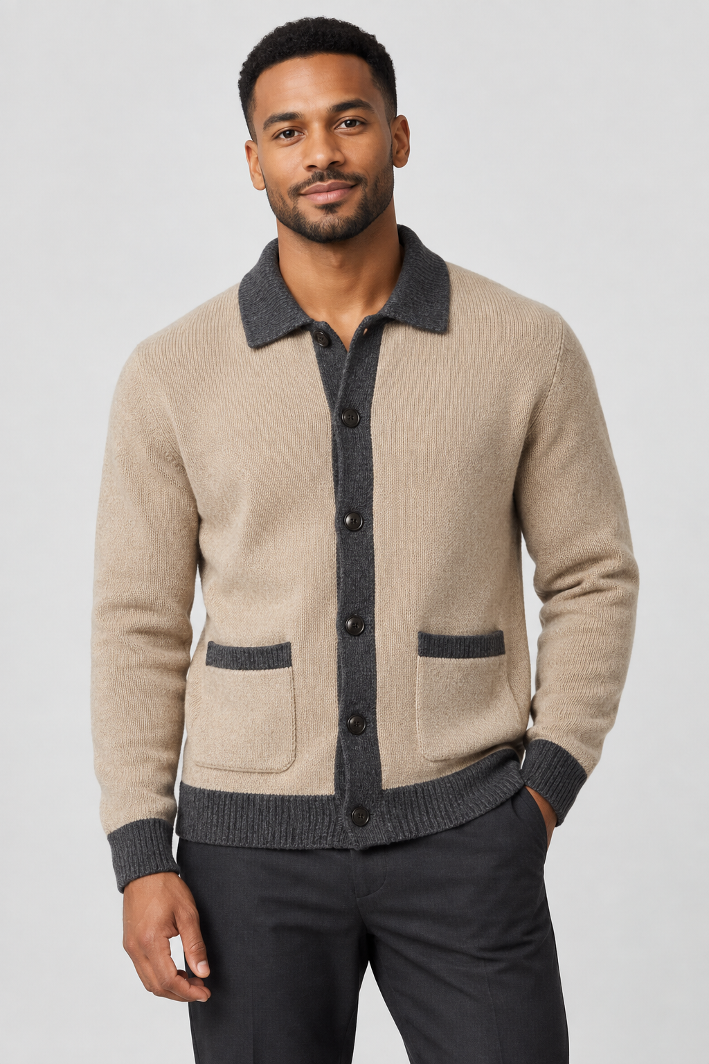 Men's Cardigan with Pockets – Heavyweight Knit, Contrast Ribbed Trim, Button Front