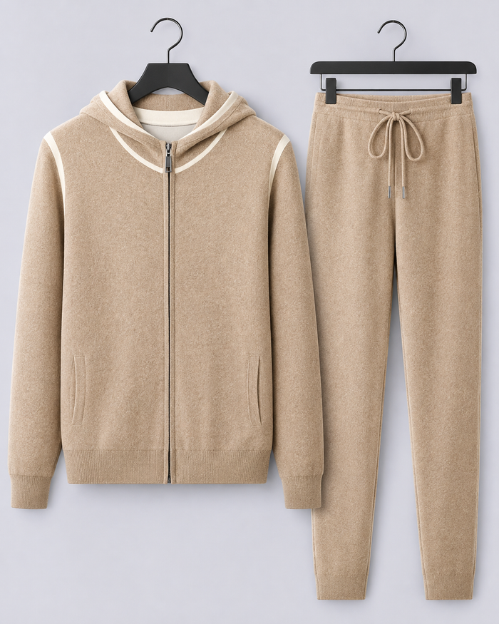 Men's 100% Cashmere Knitted Tracksuit with Hooded Zip Jacket and Contrast Trim