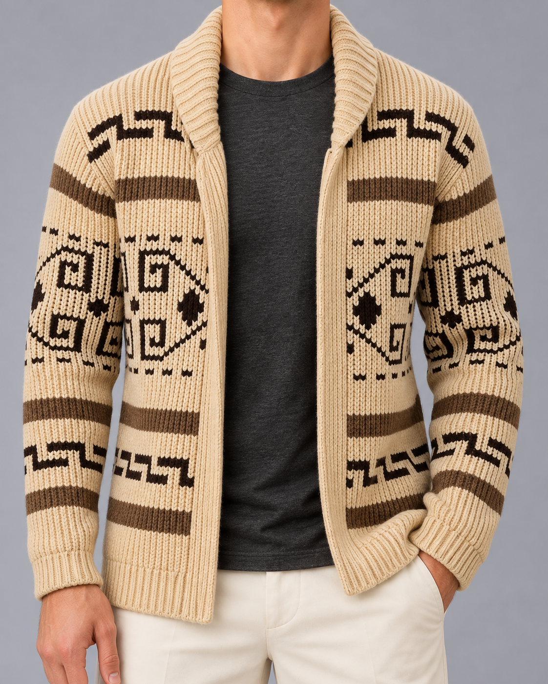 Men's Wool Blend Zip-Up Cardigan with Shawl Collar and Jacquard Pattern