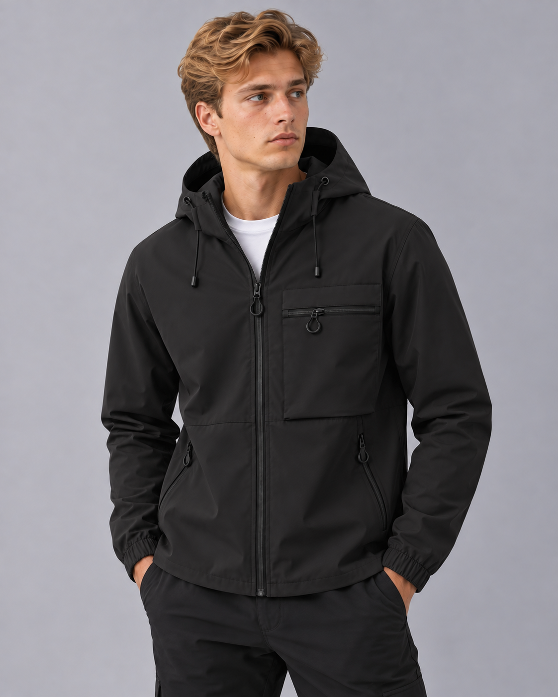 Men's Lightweight Hooded Jacket with Zip Chest Pocket