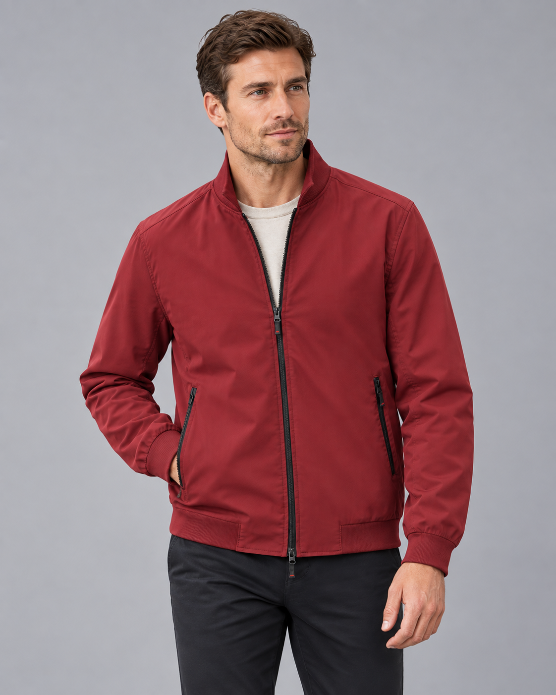 Men's Bomber Jacket – Stand Collar, Full Zip, Zip Pockets, Relaxed Fit