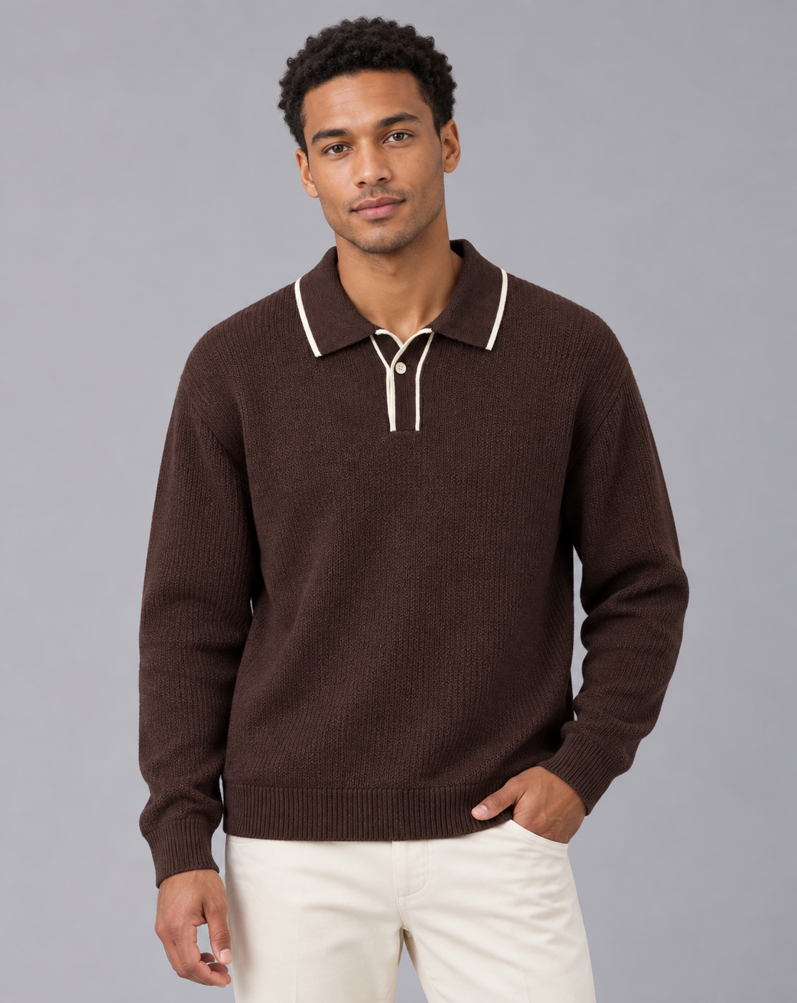 Men's Knitted Polo Long Sleeve in Linen Blend – Polo Jumper with Contrast-Tipped Collar