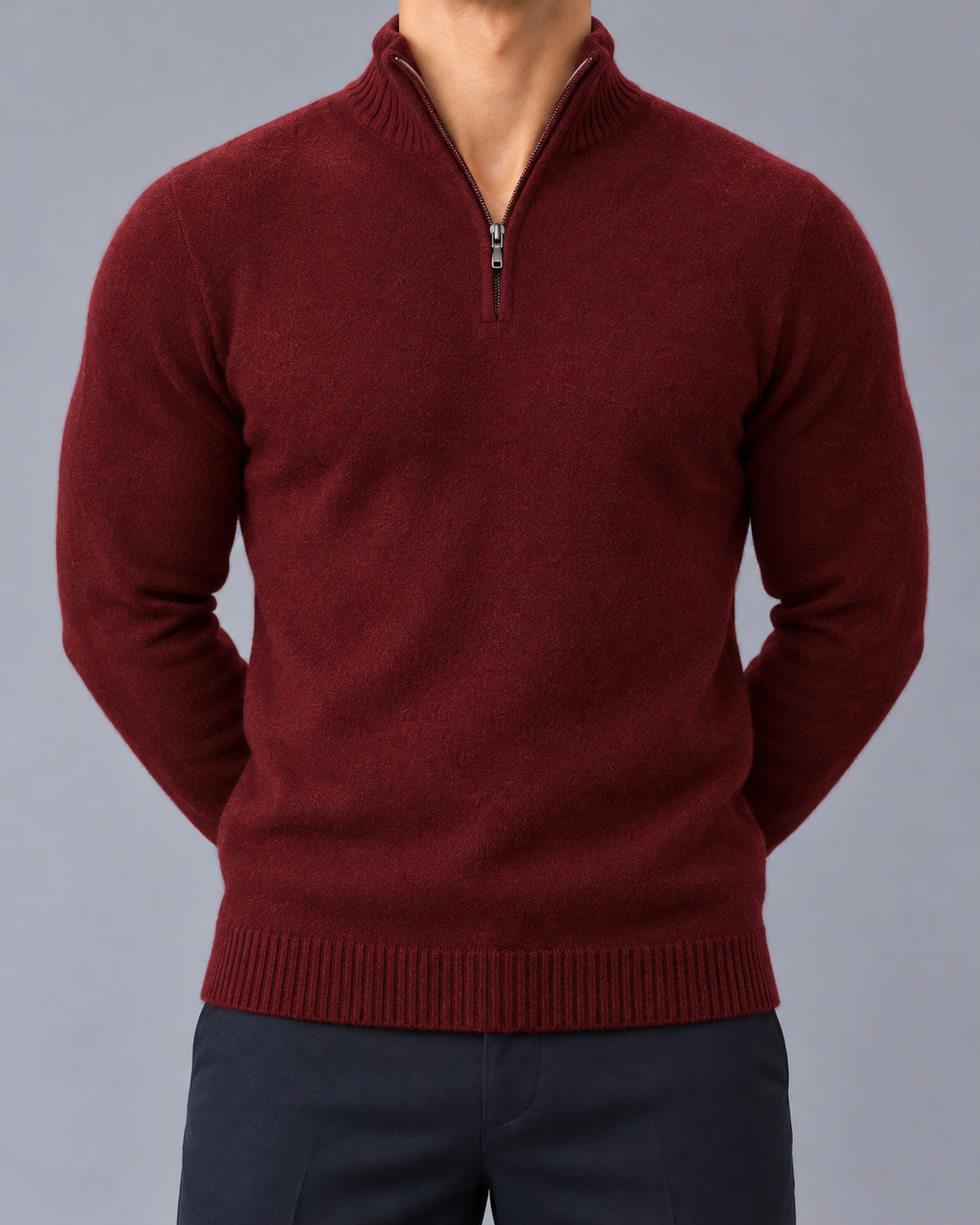 Men's Half Zip Jumper with Stand Collar and Ribbed Hem