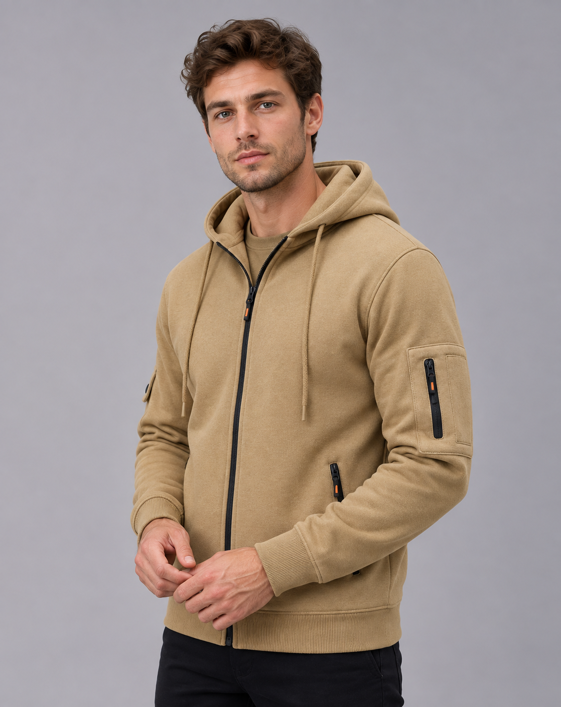 Men's Zip Up Hoodie in 100% Cotton – Full Zip, Drawstring Hood, Zip Pockets