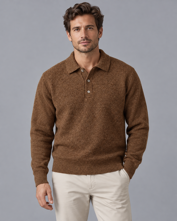 Men's Cashmere Blend Knitted Polo Jumper with Button Collar