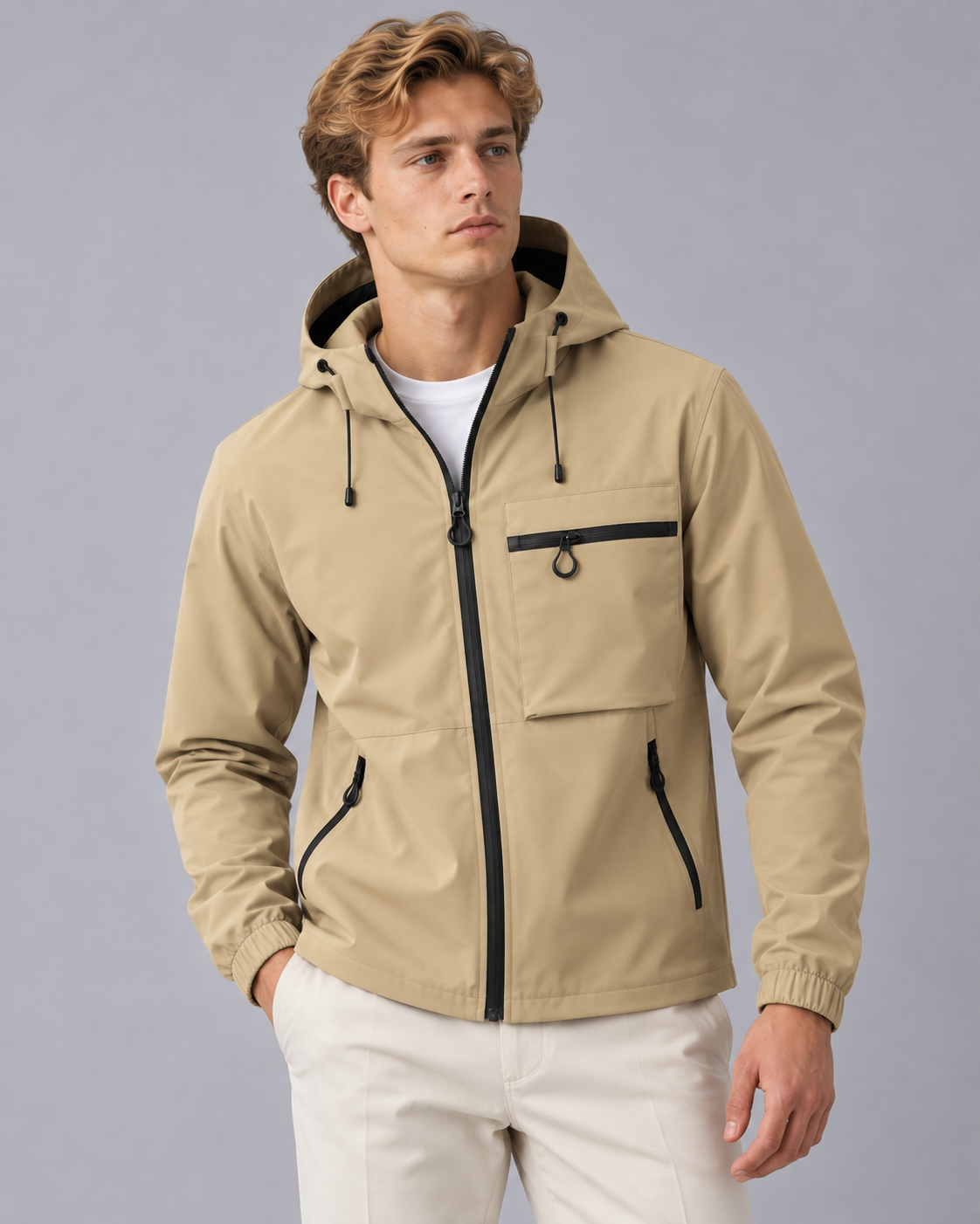 Men's Lightweight Hooded Jacket with Zip Chest Pocket