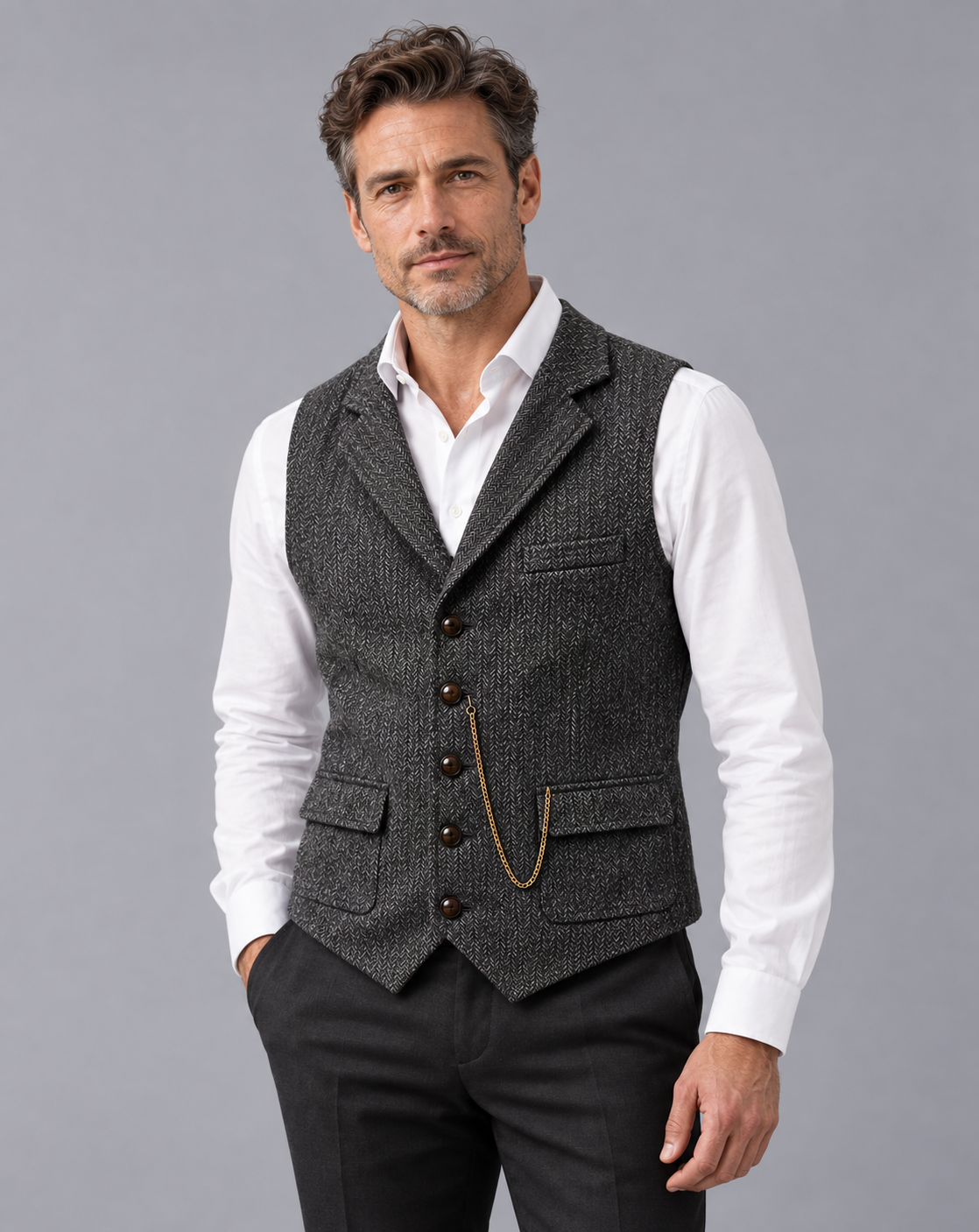 Men's Herringbone Waistcoat – Lapel Vest with Five-Button Front, Flap Pockets and Pocket Chain