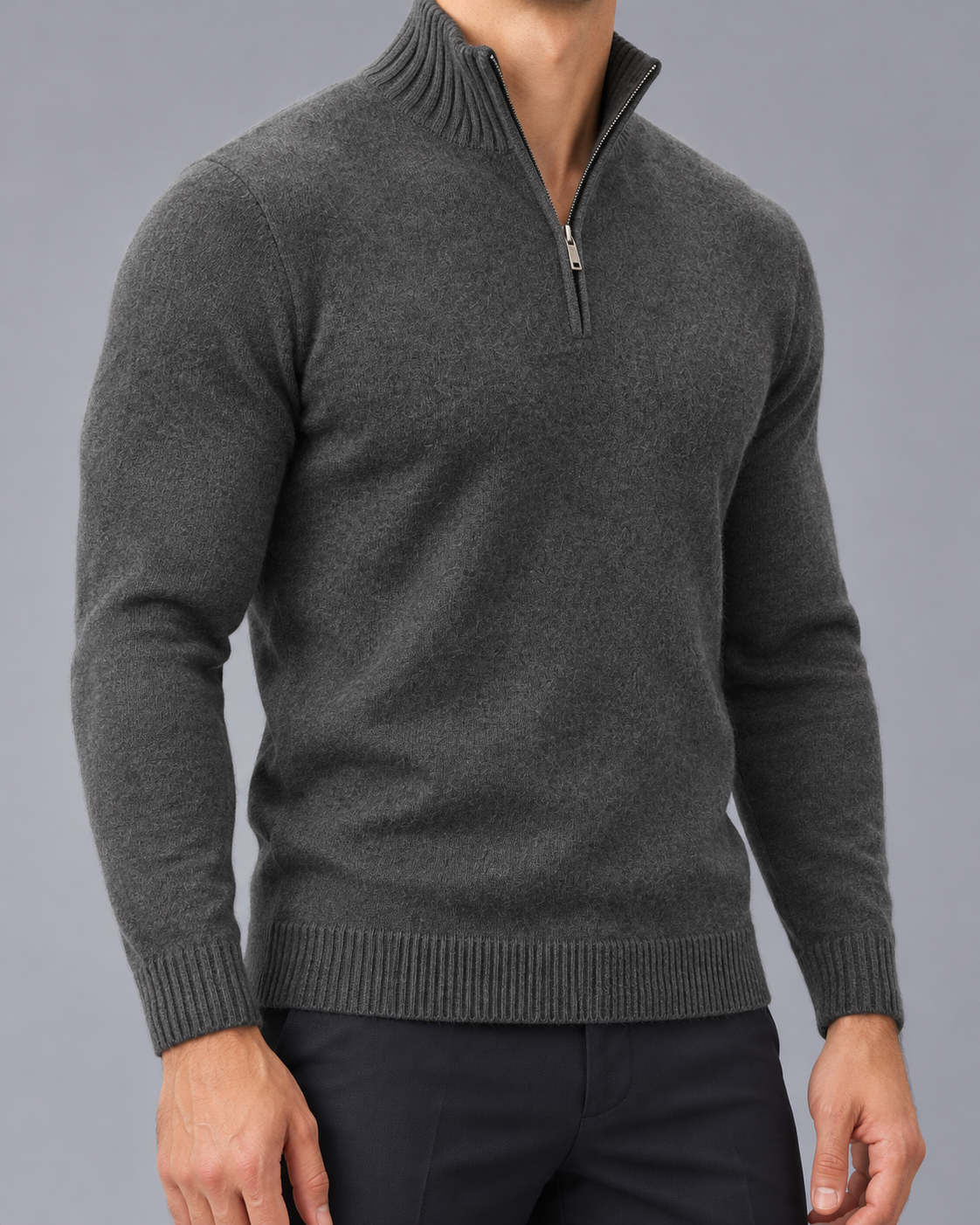 Men's Half Zip Jumper with Stand Collar and Ribbed Hem