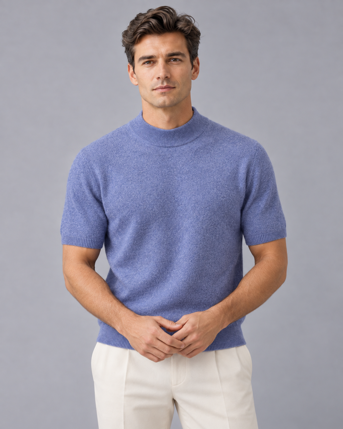Men's 100% Cashmere Mock Neck T-Shirt with Short Sleeves and Ribbed Trims
