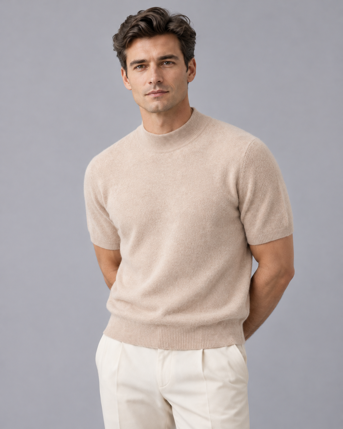 Men's 100% Cashmere Mock Neck T-Shirt with Short Sleeves and Ribbed Trims