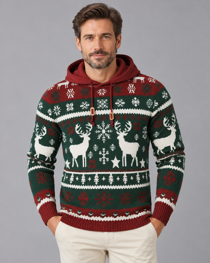 Men's Hooded Christmas Jumper with Fair Isle Reindeer Pattern | Festive Sweater
