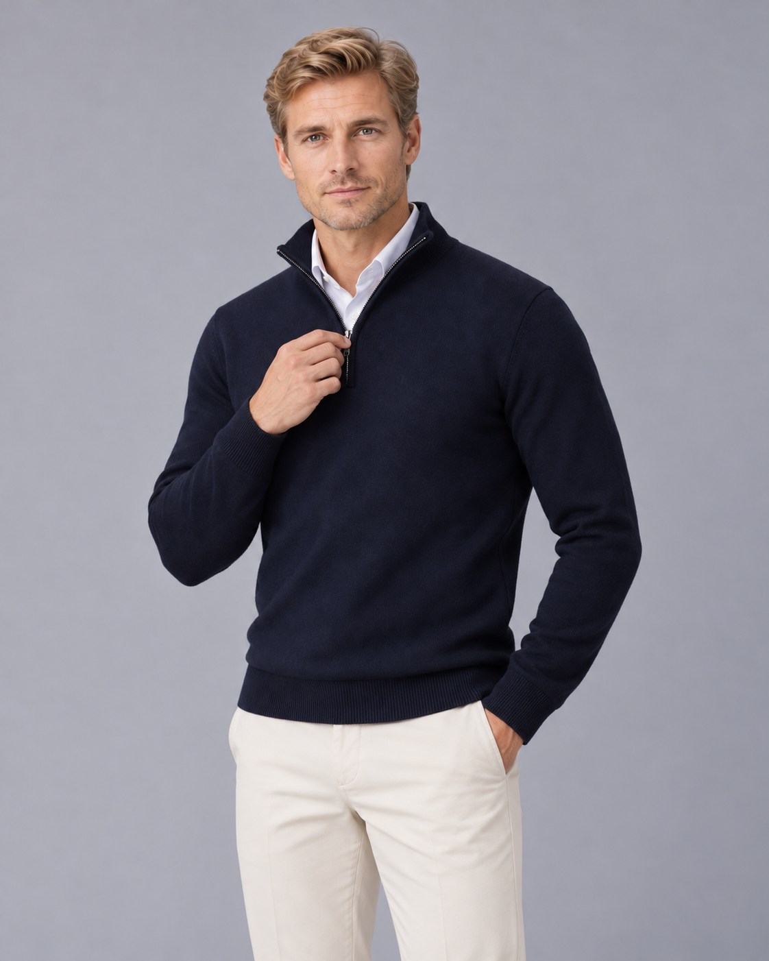 Men's Half Zip Jumper with Stand Collar and Ribbed Cuffs