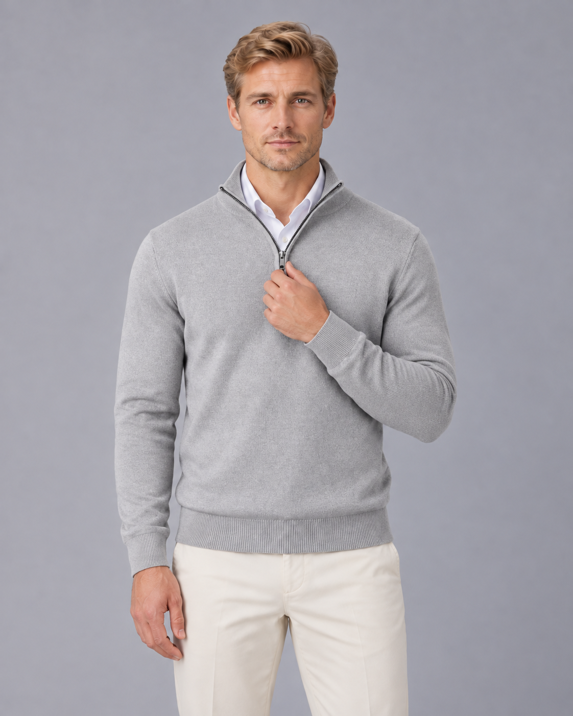 Men's Half Zip Jumper with Stand Collar and Ribbed Cuffs