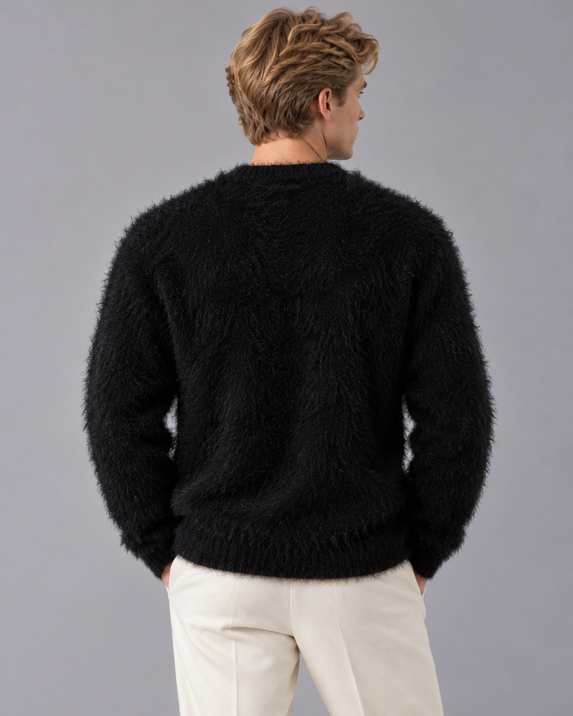 Men's Chunky Knit Jumper with Fluffy Texture and Crew Neck