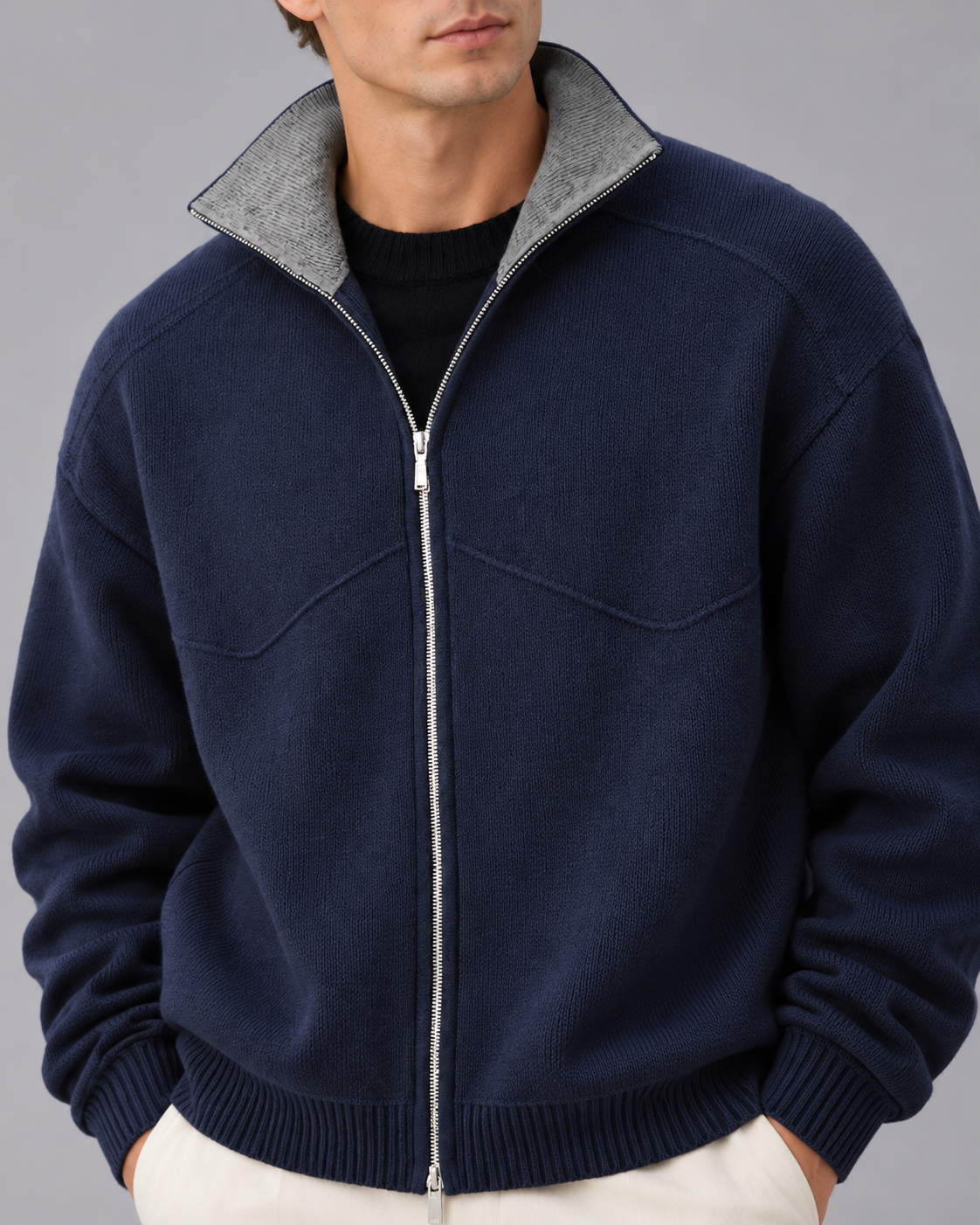 Men's Zip-Up Cardigan – Knitted Stand-Collar Jacket with Contrast Collar, Relaxed Fit