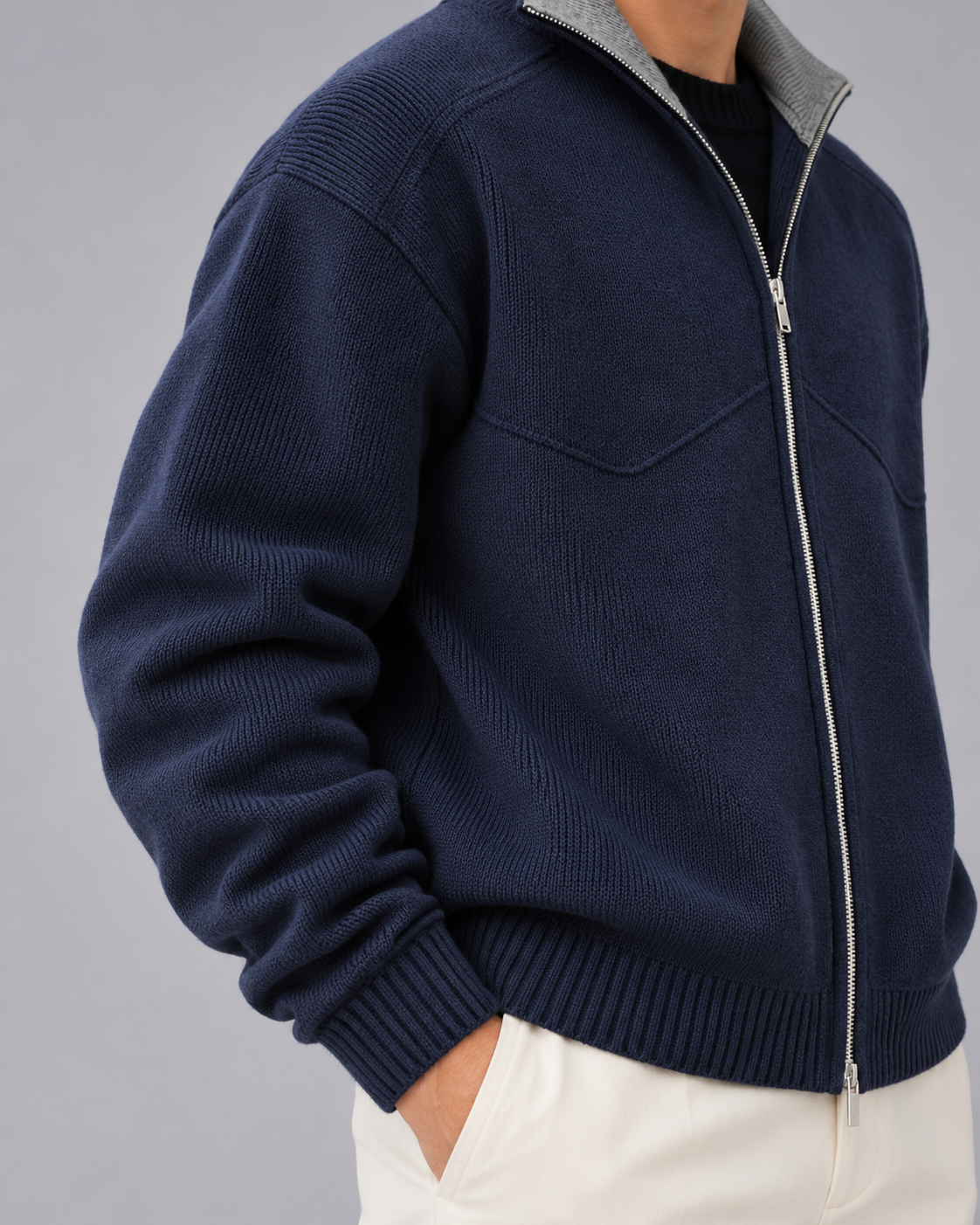 Men's Zip-Up Cardigan – Knitted Stand-Collar Jacket with Contrast Collar, Relaxed Fit