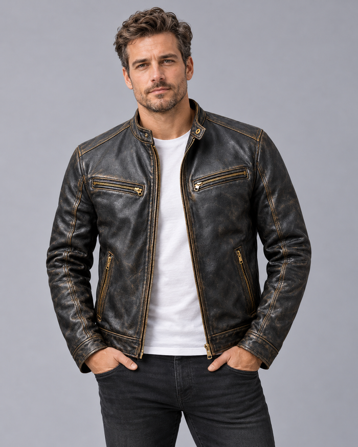 Men's Distressed Leather Jacket with Patina Finish – Stand Collar, 4 Zip Pockets