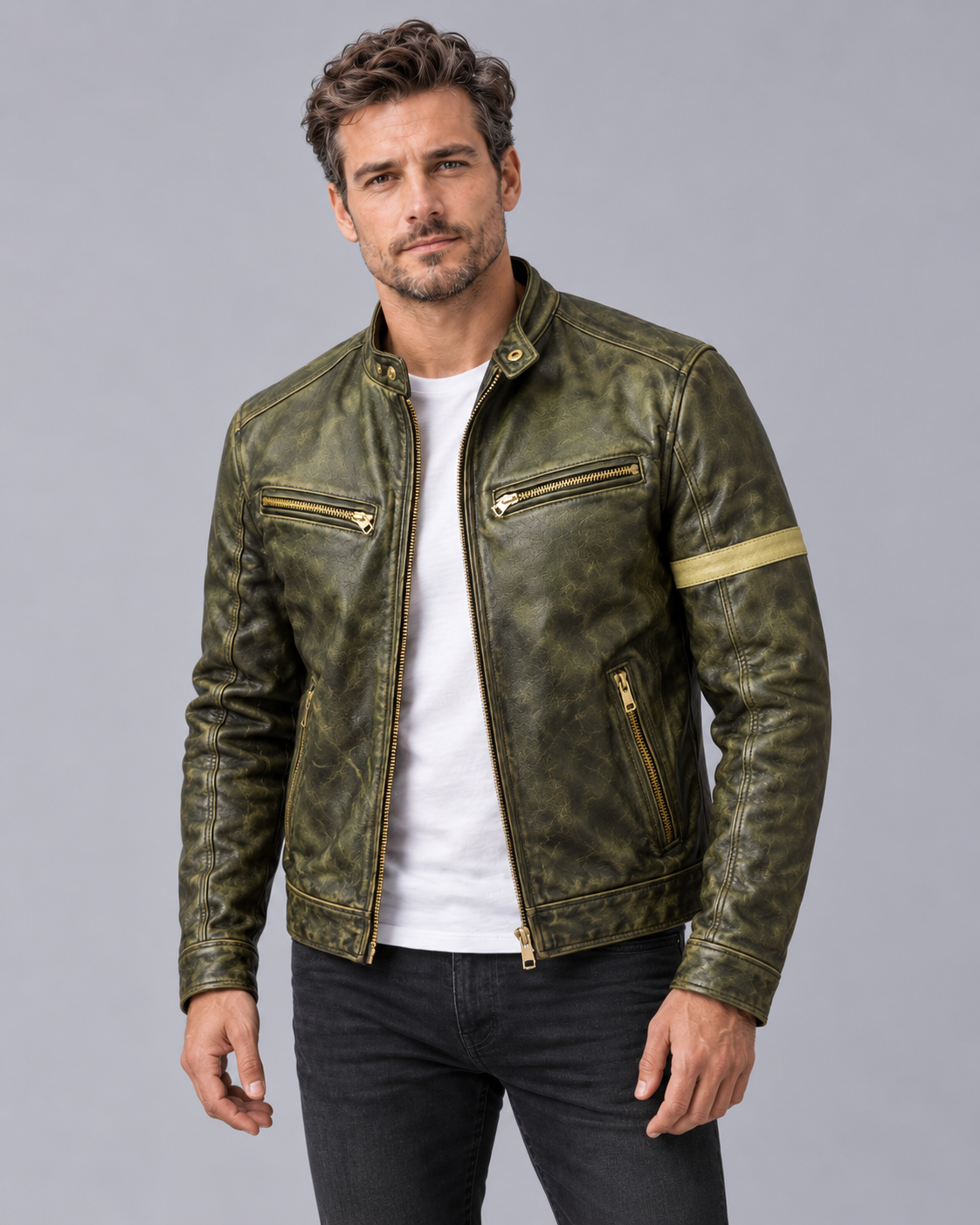 Men's Distressed Leather Jacket with Patina Finish – Stand Collar, 4 Zip Pockets