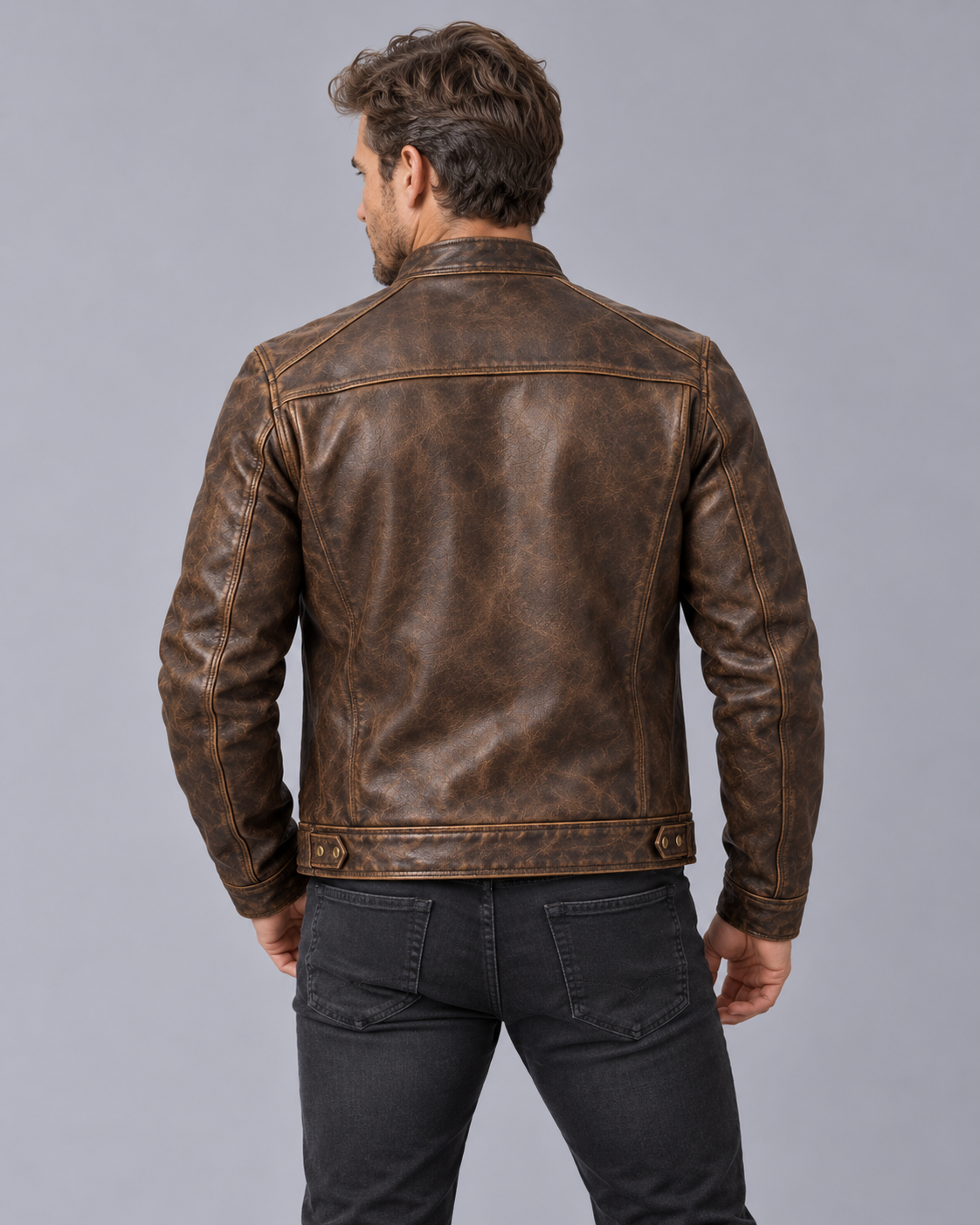 Men's Distressed Leather Jacket with Patina Finish – Stand Collar, 4 Zip Pockets
