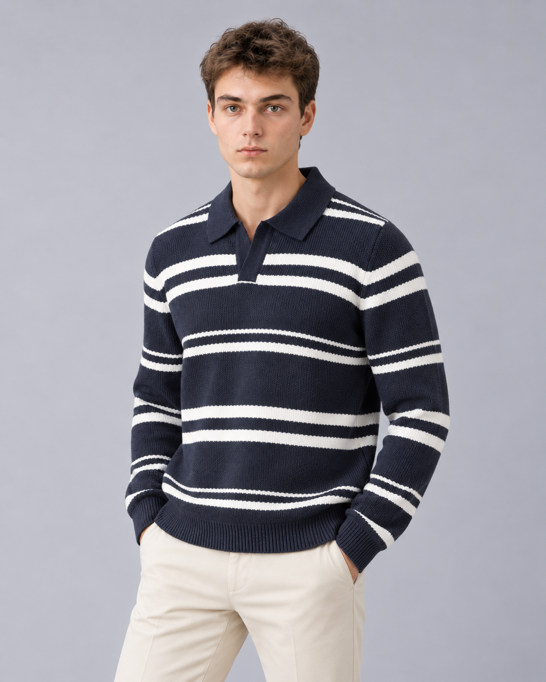 Men's Long Sleeve Knitted Polo – Striped Cotton-Blend Knit, Open Collar