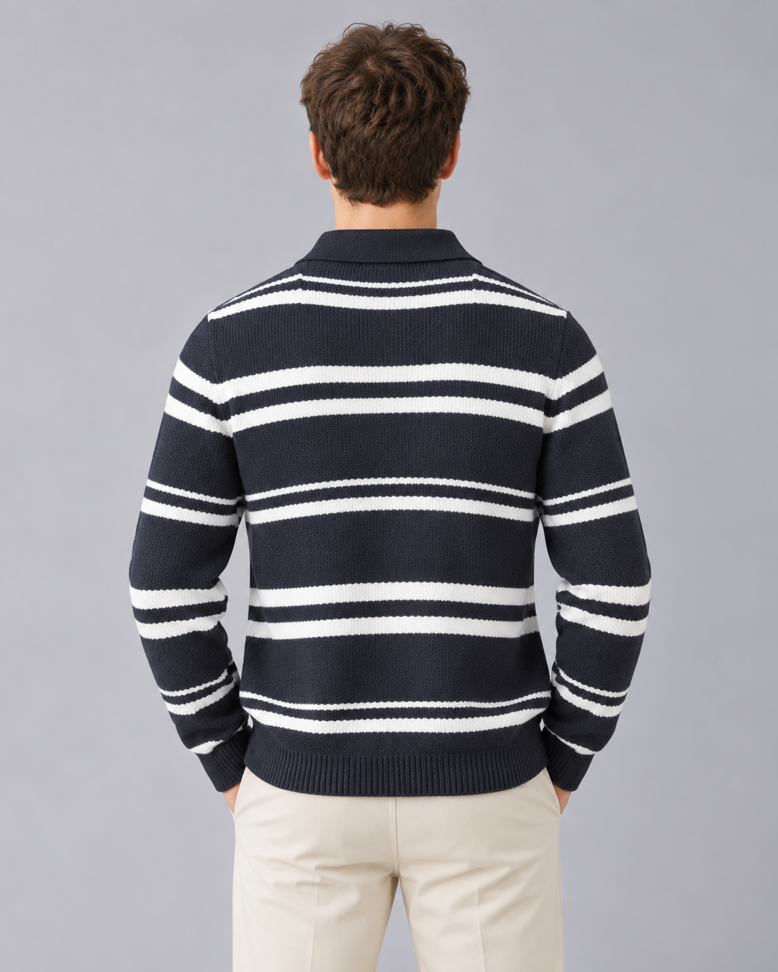 Men's Long Sleeve Knitted Polo – Striped Cotton-Blend Knit, Open Collar