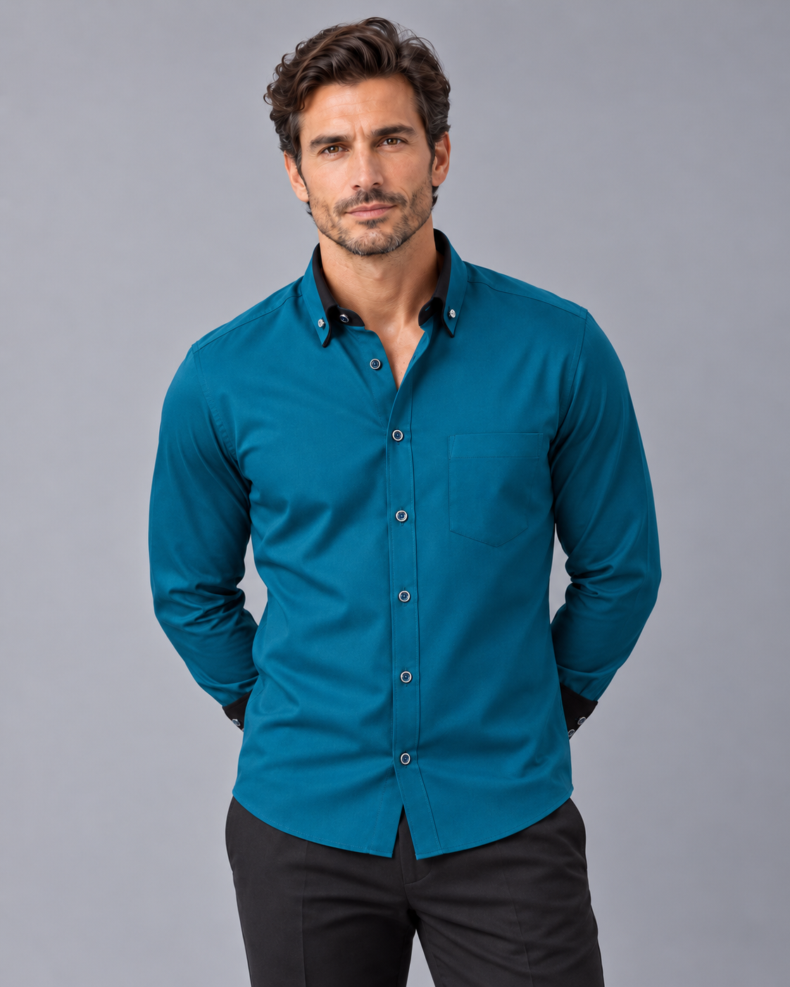 Men's Long Sleeve Shirt – Tailored Fit, Button-Down Collar, Chest Pocket