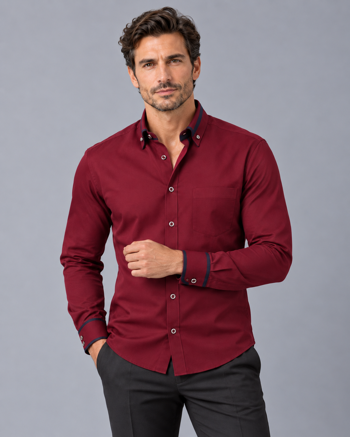 Men's Long Sleeve Shirt – Tailored Fit, Button-Down Collar, Chest Pocket