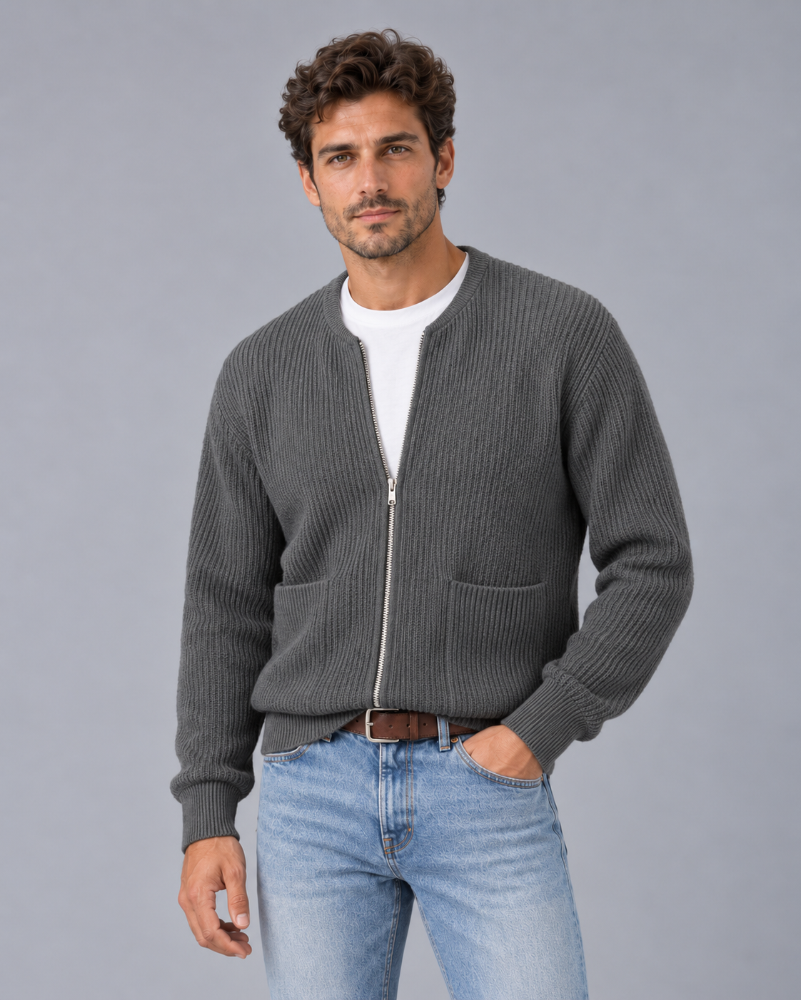 Men's Zip Up Cardigan – Chunky Rib Knit with Crew Neck and Two Front Pockets