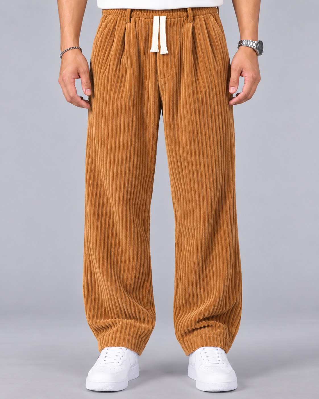 Men's Wide Leg Corduroy Trousers – Baggy Relaxed Fit with Drawstring Waist