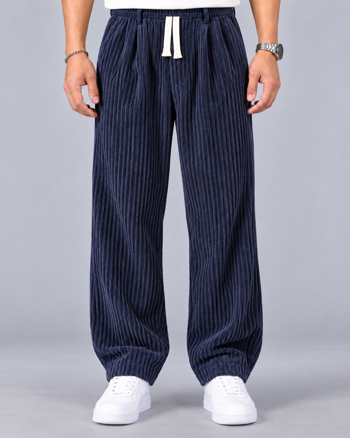 Men's Wide Leg Corduroy Trousers – Baggy Relaxed Fit with Drawstring Waist