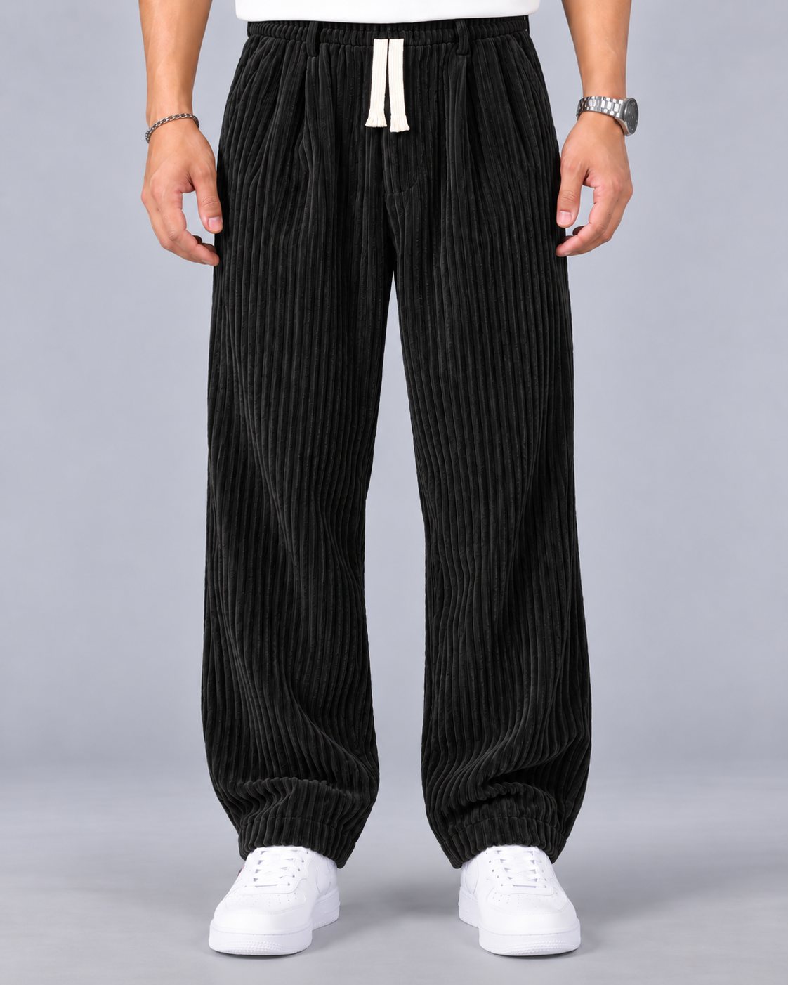 Men's Wide Leg Corduroy Trousers – Baggy Relaxed Fit with Drawstring Waist