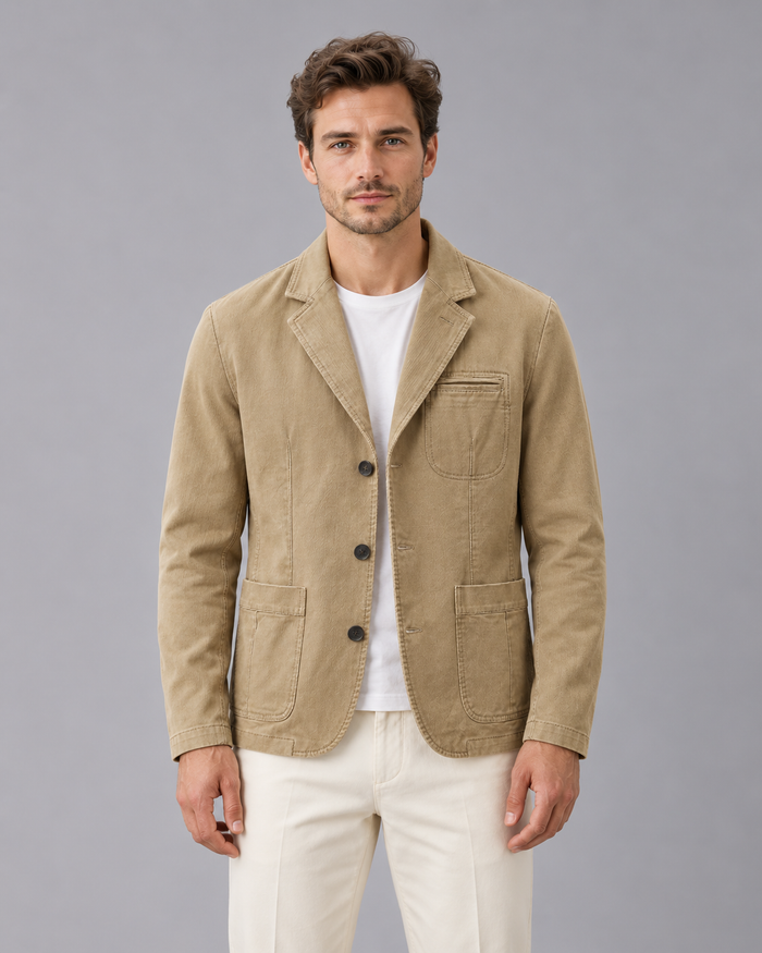 Men's Denim Blazer in Washed Cotton – Casual Blazer Jacket with Notch Lapels, Three Buttons, Patch Pockets