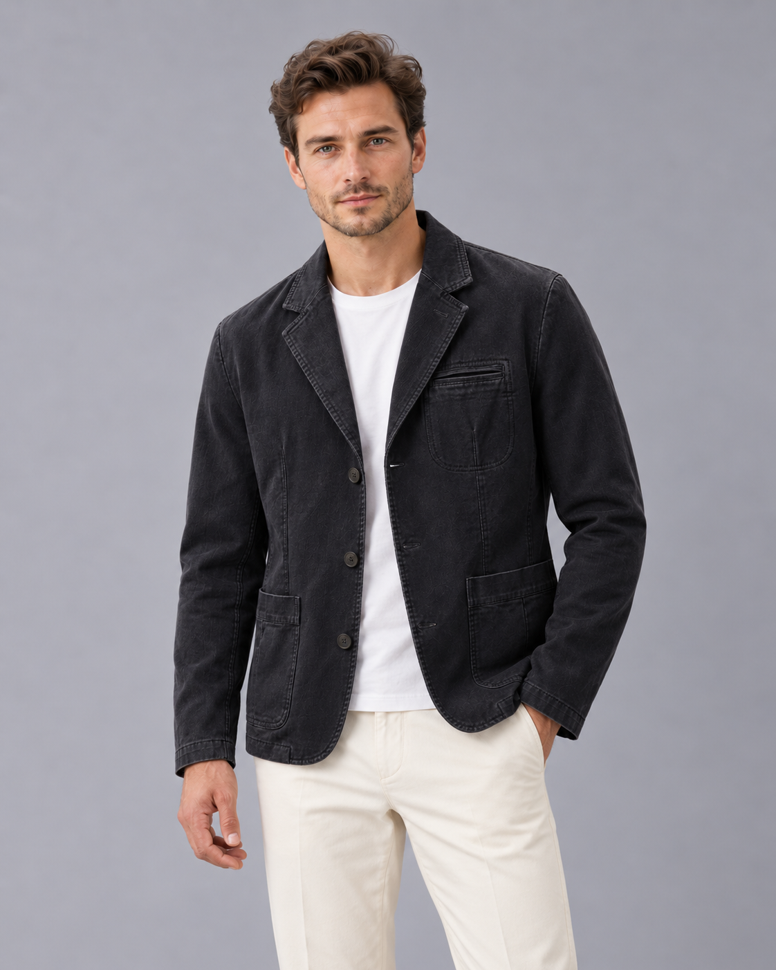 Men's Denim Blazer in Washed Cotton – Casual Blazer Jacket with Notch Lapels, Three Buttons, Patch Pockets