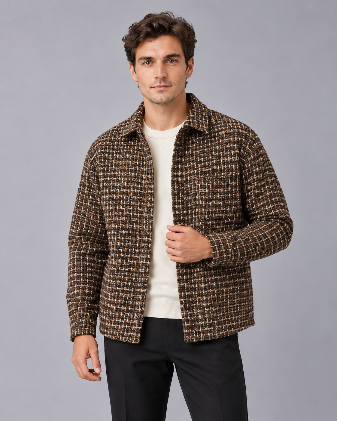 Men's Faux Suede Jacket – Short Overcoat with Point Collar and Button Front, Relaxed Fit