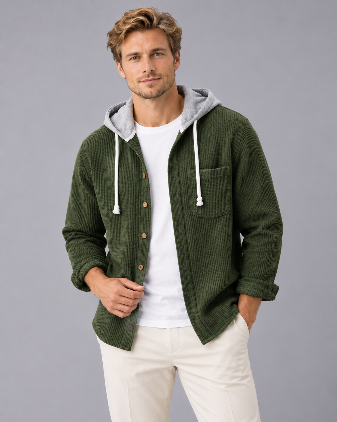 Men's Corduroy Hooded Shirt – Button-Front Hooded Overshirt with Drawstring Hood, Loose Fit