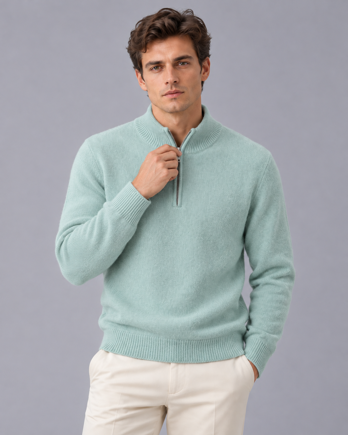 Men's 100% Cashmere Quarter Zip Jumper with High Collar and Ribbed Trims