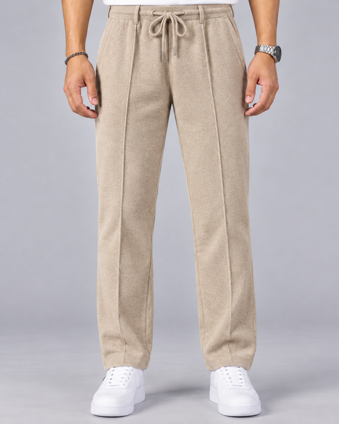 Men's 100% Cashmere Trousers with Drawstring Waist and Pintuck Seams