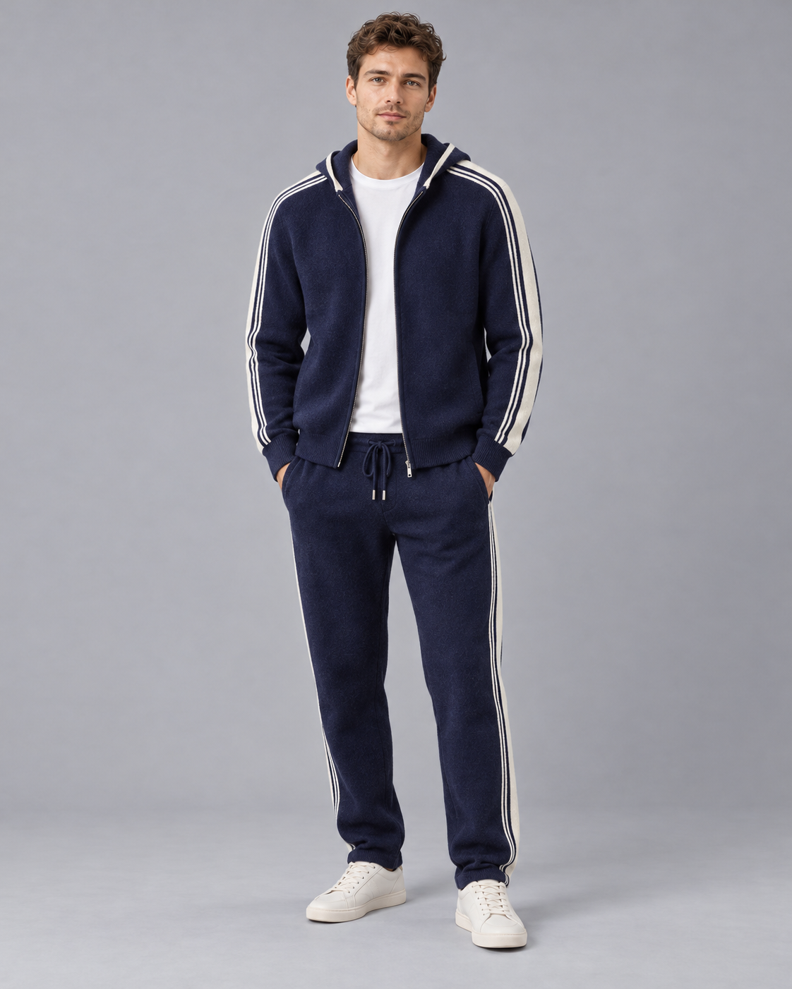 Men's 100% Cashmere Knitted Tracksuit with Contrast Stripes and Drawstring Joggers