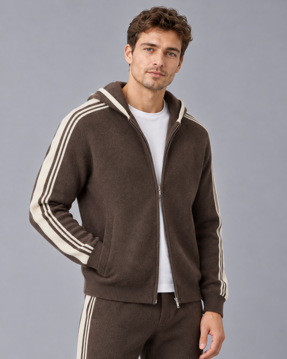 Men's 100% Cashmere Knitted Tracksuit with Contrast Stripes and Drawstring Joggers