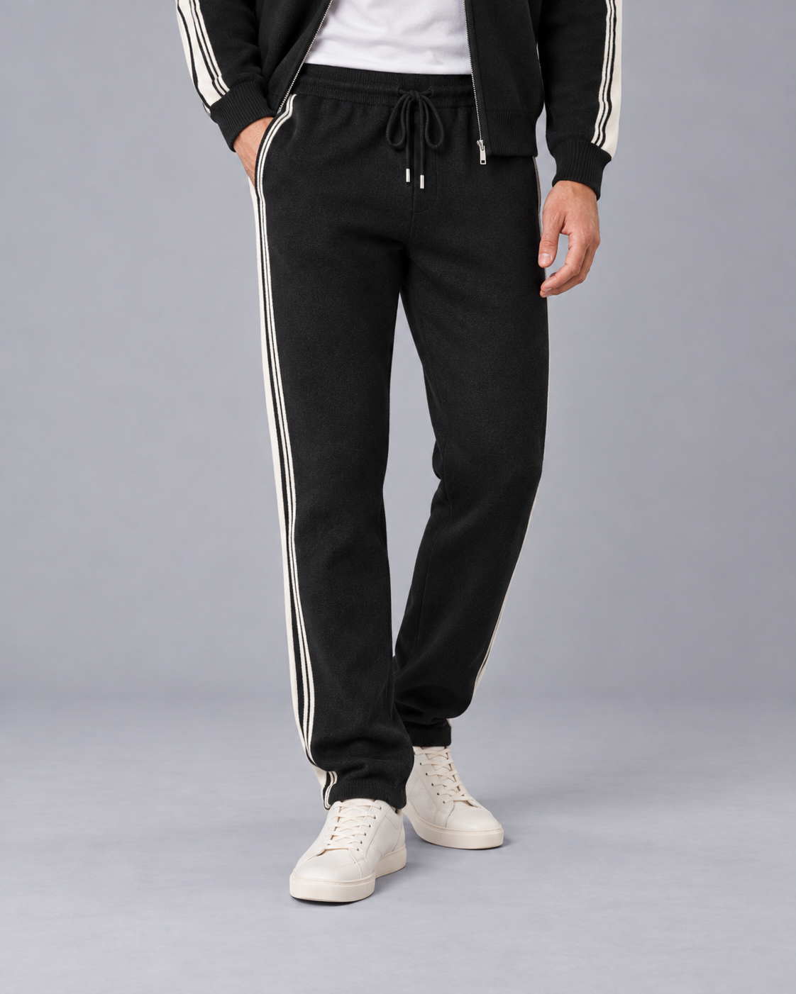 Men's 100% Cashmere Knitted Tracksuit with Contrast Stripes and Drawstring Joggers