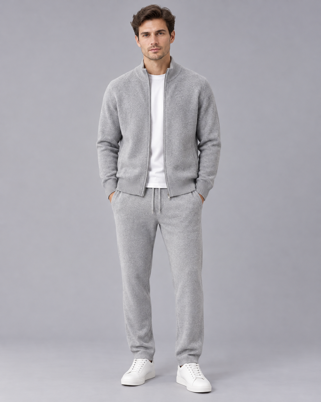 Men's 100% Merino Wool Knitted Tracksuit with Stand Collar and Tapered Joggers
