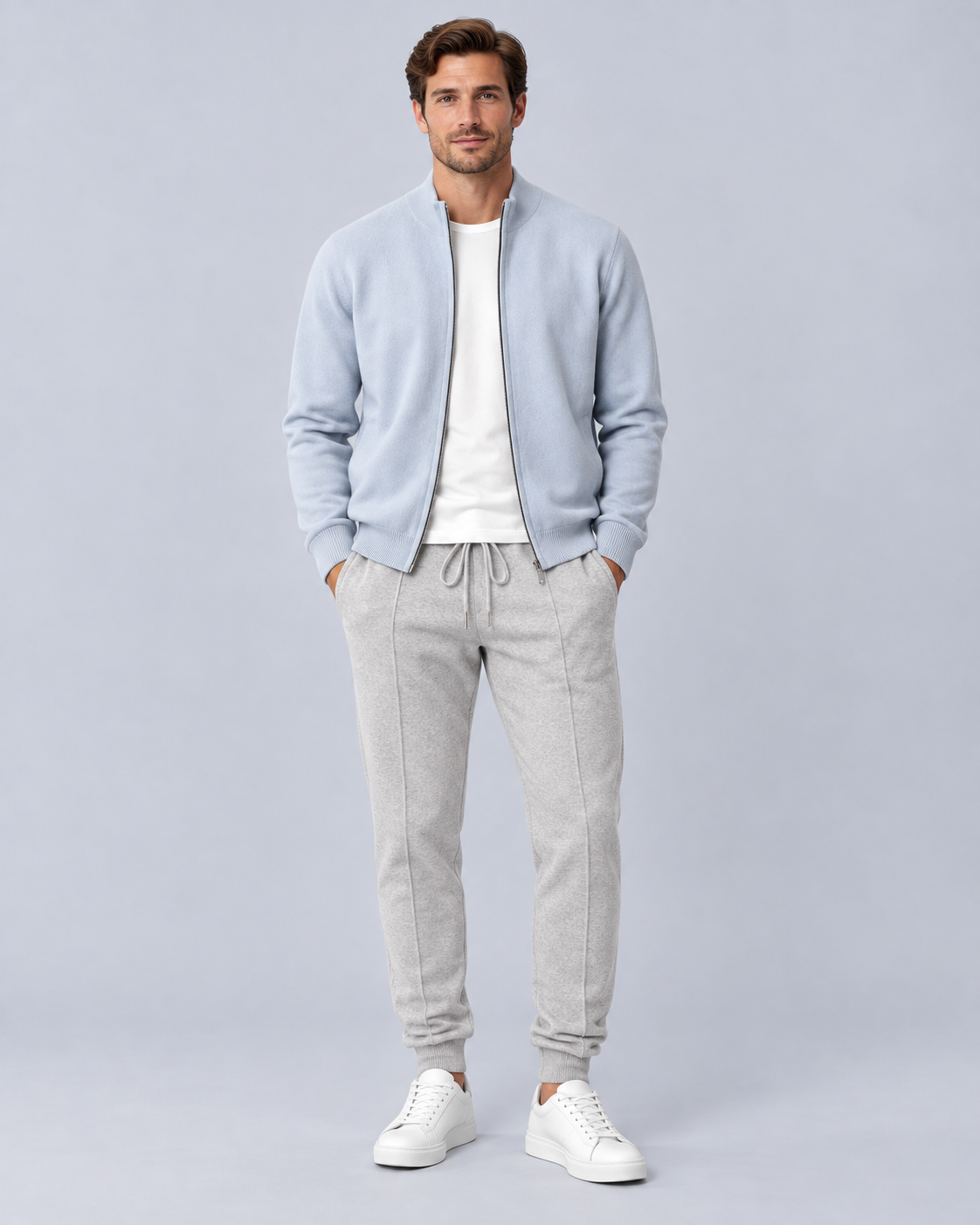 Men's 100% Merino Wool Knitted Tracksuit with Zip-Up Jacket and Drawstring Joggers