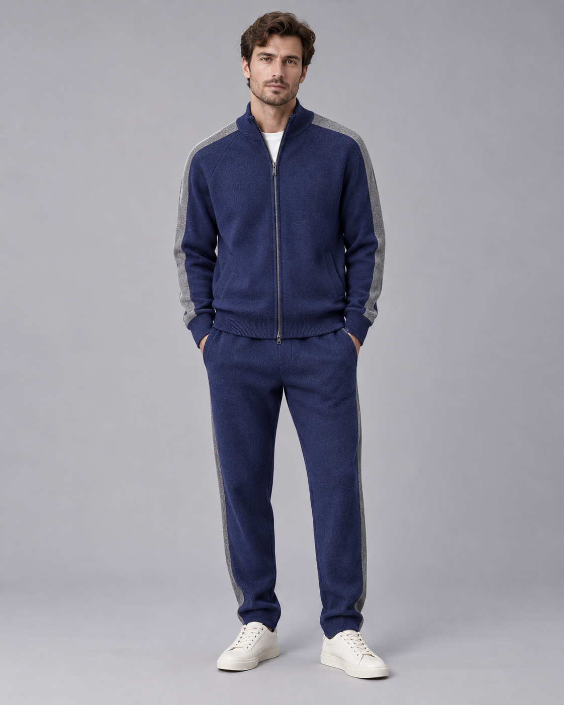 Men's 100% Cashmere Tracksuit with Stand Collar Zip Jacket and Contrast Panels