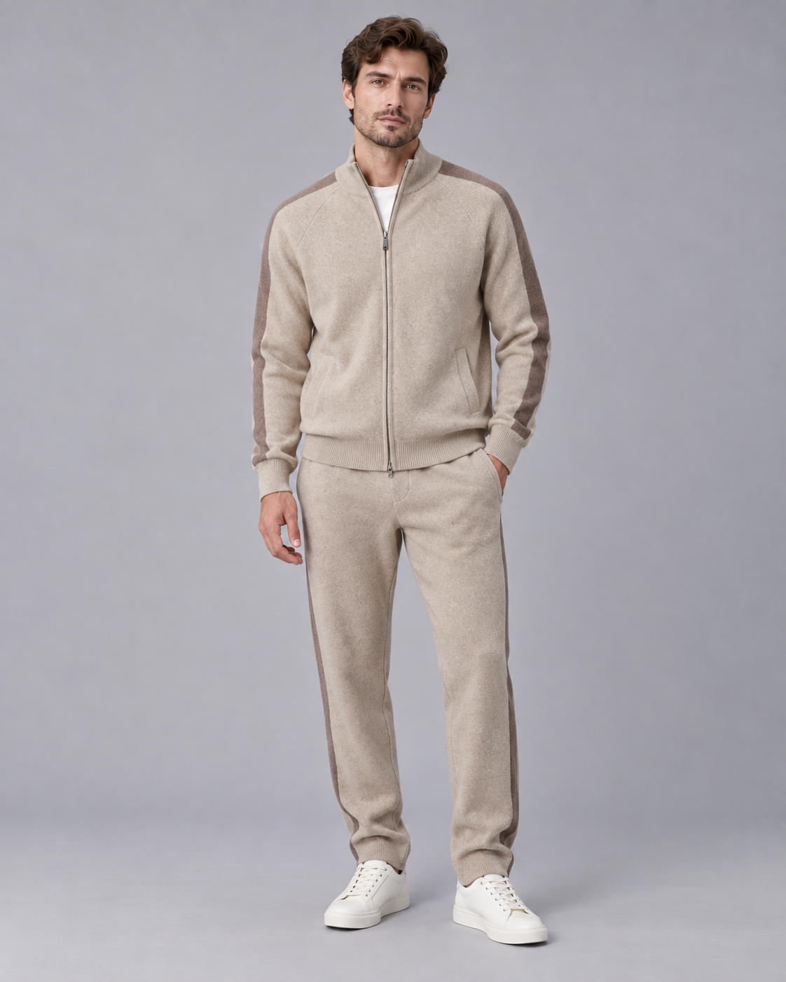 Men's 100% Cashmere Tracksuit with Stand Collar Zip Jacket and Contrast Panels